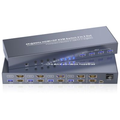 HDMI + Displayport KVM Switch 2 Monitors 4 Computers, USB3.0 4K60Hz Dual Monitor HDMI DP KVM Switch 4 Port for Managing 4 Computers with 1 Set of Keyboard, Mouse and 2 Monitors