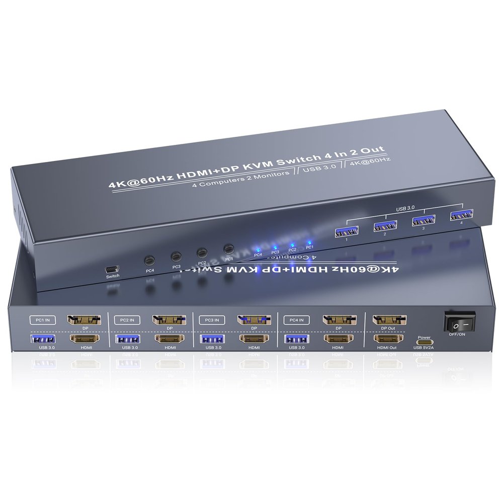 HDMI + Displayport KVM Switch 2 Monitors 4 Computers, USB3.0 4K60Hz Dual Monitor HDMI DP KVM Switch 4 Port for Managing 4 Computers with 1 Set of Keyboard, Mouse and 2 Monitors