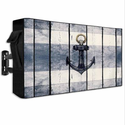 Nautical Anchor Outdoor TV Cover 30-32 Inch Waterproof & Weatherproof with Roll Up Front Flat, Retro Farmhouse Wooden Striped Outside Zipper TV Screen Protector Enclosure Remote Control Pocket