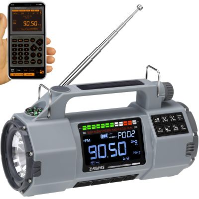ZHIWHIS Emergency Radio with Bluetooth, Multi-Function Portable Radios with LCD VA Display, FM/MW/SW/VHF/WB Receiver with Alerts, Hand Crank/Solar/USB Charging, 5000mAh for Emergencies ZWS-908(Grey)