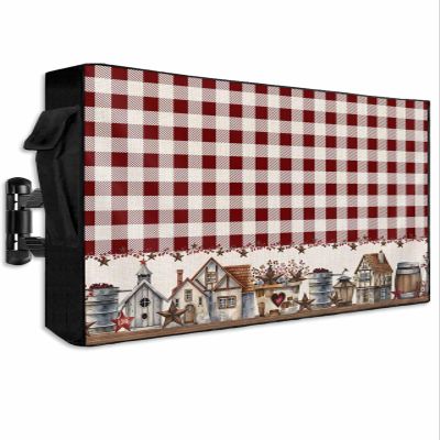 Farmhouse Outdoor TV Cover 60-65 Inch Waterproof & Weatherproof with Roll Up Front Flat,American Country Star Barn Red Brown Plaid Berry Outside Zipper TV Screen Protector with Remote Control Pocket