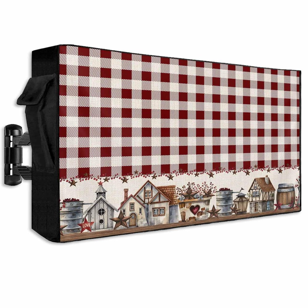 Farmhouse Outdoor TV Cover 60-65 Inch Waterproof & Weatherproof with Roll Up Front Flat,American Country Star Barn Red Brown Plaid Berry Outside Zipper TV Screen Protector with Remote Control Pocket