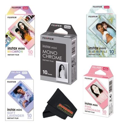 Fujifilm Instax Mini Film Variety Pack 5 Unique Styles for Instax Cameras (Macaron, Monochrome, Blue Marble, Lavender, Pink Lemonade) 50 Sheets Total + Bonus Cleaning Cloth...