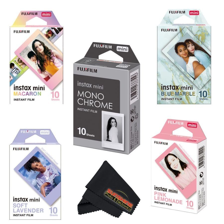 Fujifilm Instax Mini Film Variety Pack 5 Unique Styles for Instax Cameras (Macaron, Monochrome, Blue Marble, Lavender, Pink Lemonade) 50 Sheets Total + Bonus Cleaning Cloth...