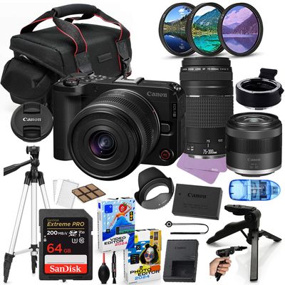 Canon EOS R50 V Mirrorless Camera with 14-30mm & 75-300mm Lens Bundle + Accessory Package Including 64GB Extreme Memory, Case, Filters, Photo-Video Software & More (28 Pieces) (Renewed)
