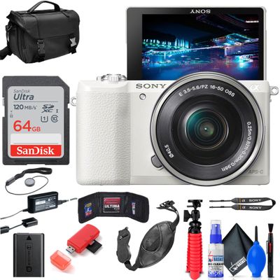 Sony Alpha a5100 Mirrorless Digital Camera with 16-50mm Lens (White) + 64GB Card + Card Reader + Case + Flex Tripod + Hand Strap + Memory Wallet + Cap Keeper + Cleaning Kit