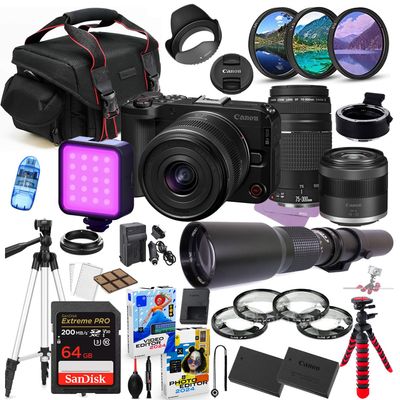 Canon EOS R50 V Mirrorless Camera with 14-30mm & 75-300mm Lens Bundle + Premium Accessory Package Including 500mm Telephoto, 64GB Memory, LED Light, Photo-Video Software & More (38 Pieces) (Renewed)