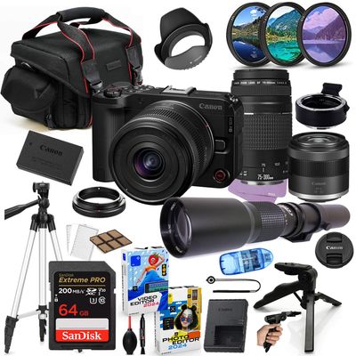 Canon EOS R50 V Mirrorless Camera with 14-30mm & 75-300mm Lens Bundle + Accessory Package Including 500mm Telephoto, 64GB Extreme Memory, Filters, Photo-Video Software & More (30 Pieces) (Renewed)