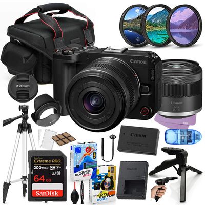 Canon EOS R50 V Mirrorless Camera with 14-30mm Lens Bundle + Accessory Package Including 64GB Extreme Memory, Case, Filters, Photo-Video Software & More (26 Pieces) (Renewed)