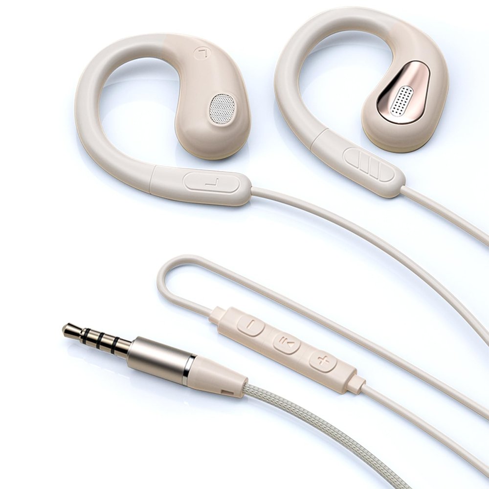 3.5mm Wired Open Ear Headphones with Ear Hooks Running Headphones with Mic & in-Line Control Air Conduction Wired Stereo Headset for Sports Cycling Jogging Exercise Gym (Beige)