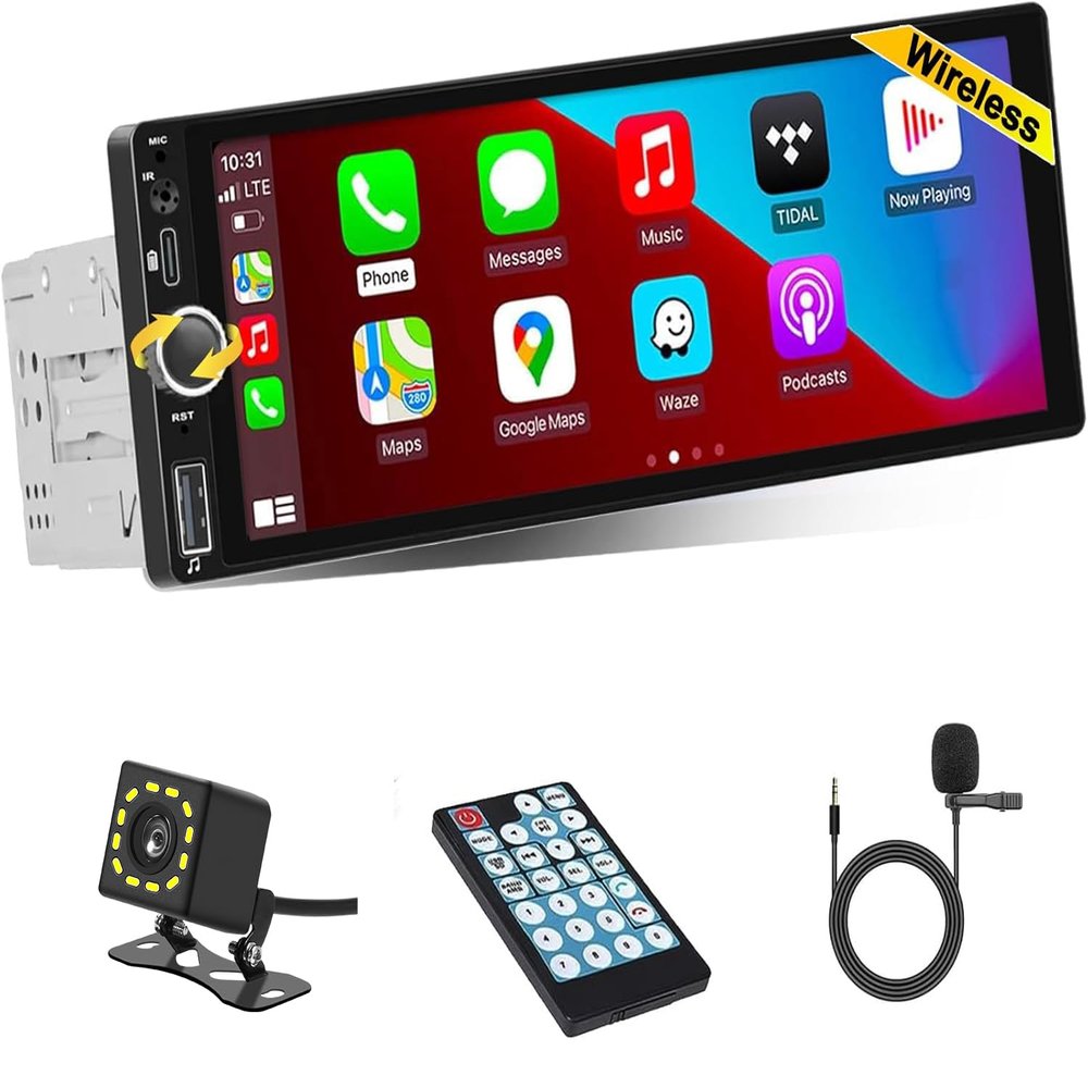 6.9" Single Din Car Stereo with Wireless Apple CarPlay & Android Auto, IPS Touchscreen with Bluetooth 5.2, Car Radio with Backup Camera, Support Mirror Link, GPS, FM/AM, USB/Type-C, MIC, EQ, SWC