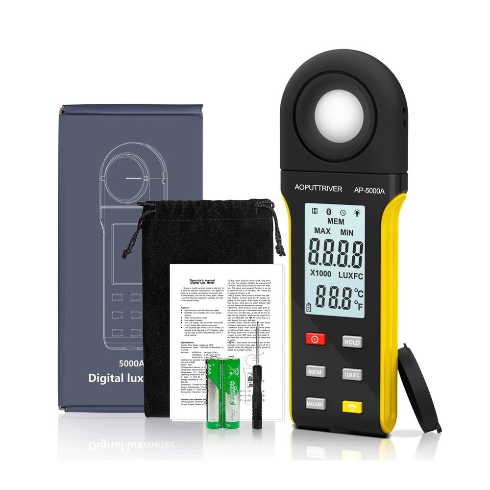 Light Meters, 5000A High-Precision Digital Lux Meter, 1 to 400,000 Lux Wide Ran, Lux/Fc Unit Switch, MAX/MIN Recording, Built-in Display(Yellow)