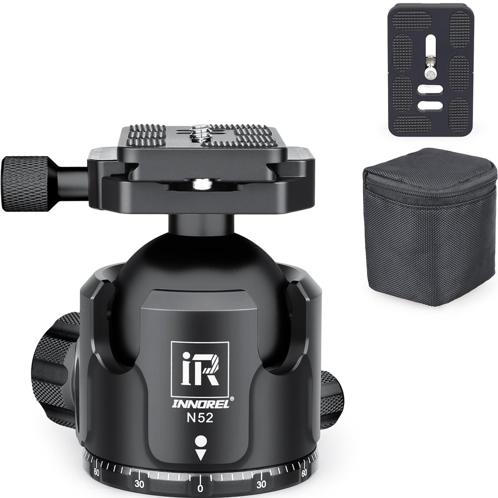 Low Profile Tripod Ball Head-INNOREL N52, Black, Panoramic CNC Metal Camera Tripod Ball Head with Two 1/4" Screw Arca Swiss Quick Release Plates for Tripod, Monopod,DSLR,Camcorder, Max Load 66lbs/30kg
