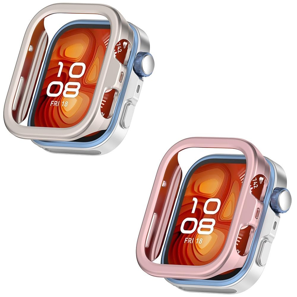 2 Pack Cases Compatible with Huawei Watch Fit 4, Hard Bumper Case Shockproof Protective Cover for Huawei Watch Fit 4, without Screen Protector (Beige/Pink)