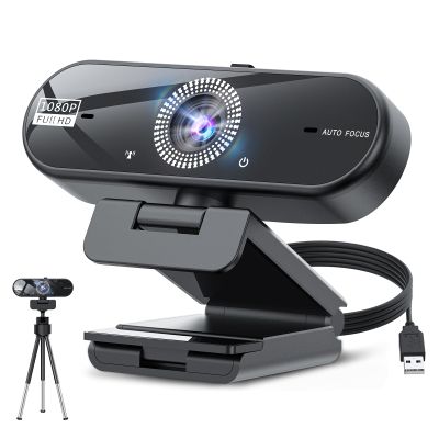 1080p Webcam with Auto Focus, 60fps, Dual Noise-Canceling Mics, Adjustable 110 FOV, 360 Rotation, Privacy Cover, USB Plug & Play, for Meetings/Online Classes/Gaming, Work with PC/Zoom/Teams/YouTube