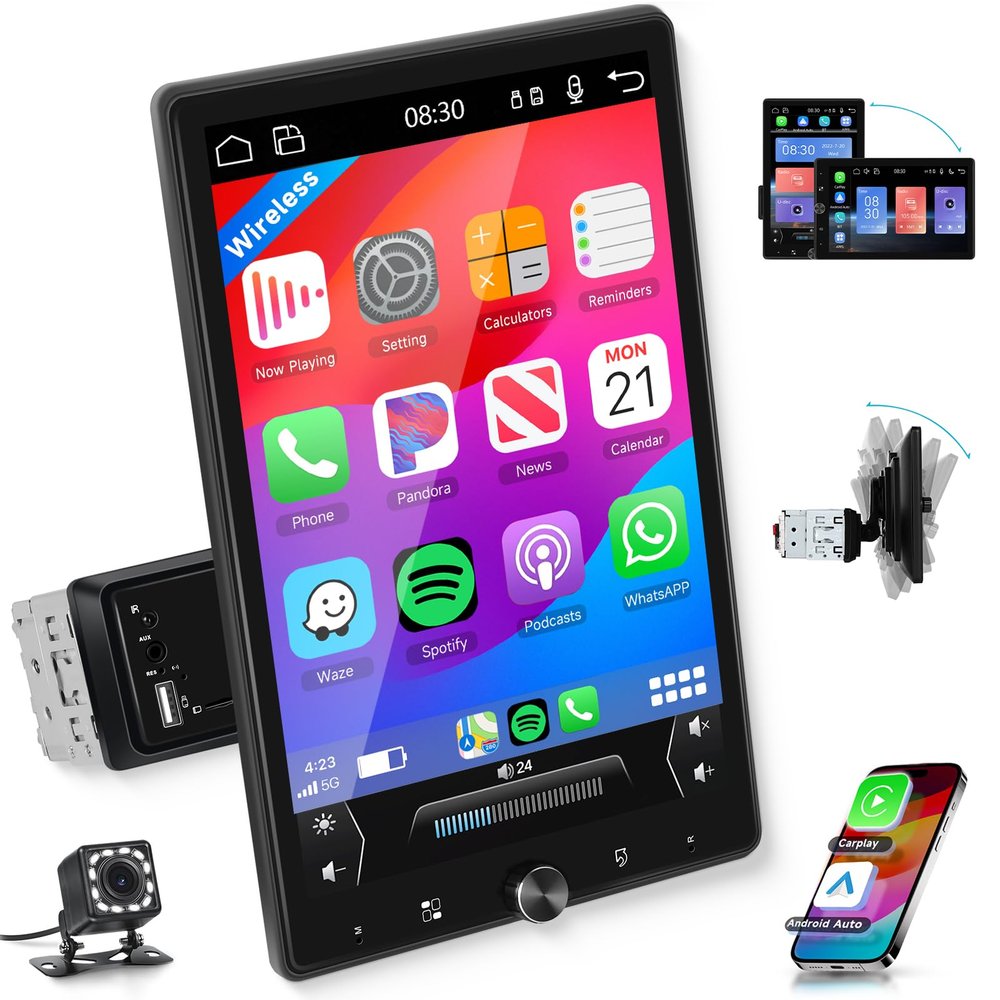 10.4 Wireless CarPlay Stereo Single Din Car Radio,2025 Upgraded Rotatable HD IPS Touch Screen,Wireless Android Auto Car Play Screen Bluetooth RDS/FM EQ SWC USB/TF Backup Camera