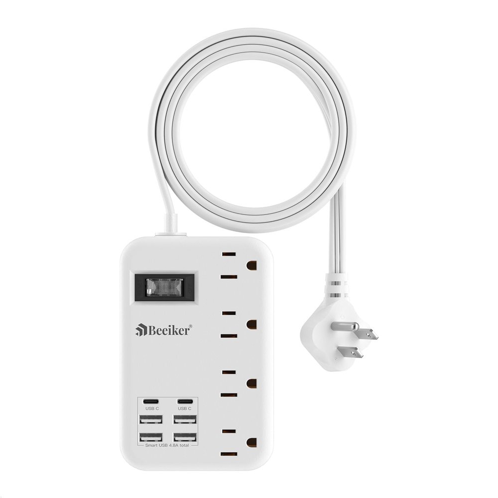6 USB(2 USB C) Travel Power Strip- Flat Plug Extension Cord 3 Feet with 4.8A 24W USB Charging Station and 4 Outlets, 3 FT Short Extension Cord Portable for Travel Cruise Office College Dorm