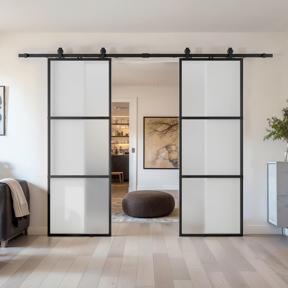 (2 Pack) 36  84 in. Metal and Frost Glass Sliding Barn Door with Installation Hardware Kit (Soft-Close Included)