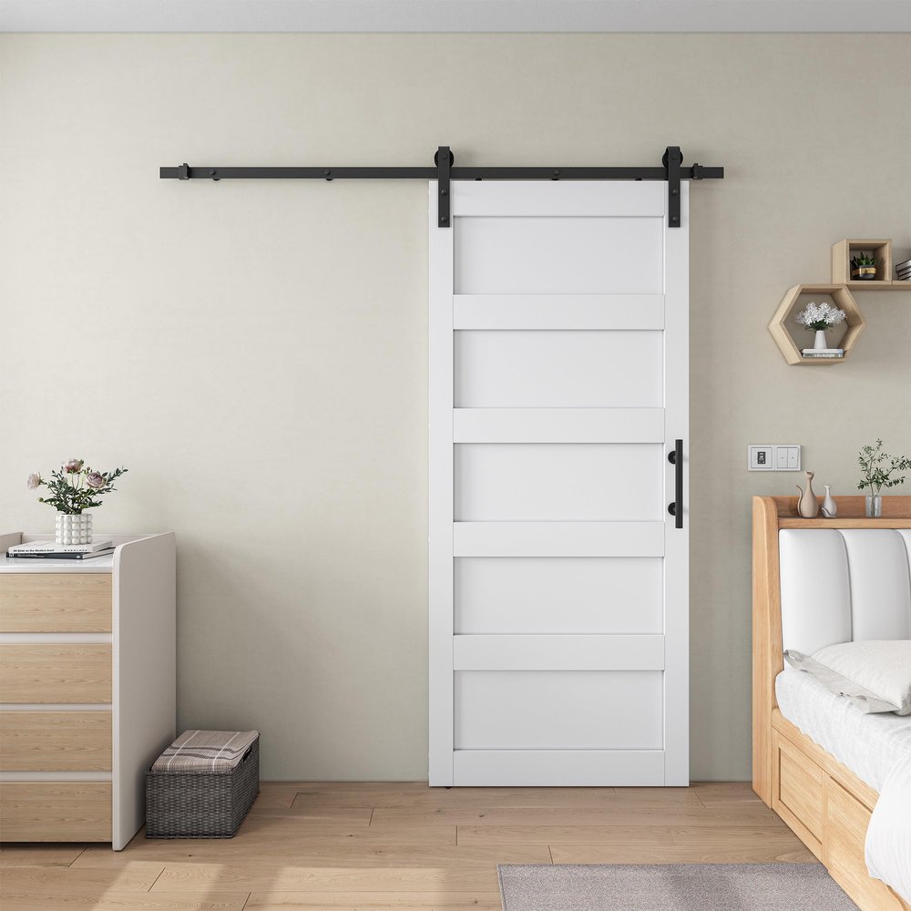 30 84 in. 5 Paneled Manufactured Wood Barn Door with Hardware Kit
