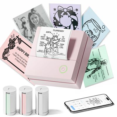 TYPONOS Sticker Printer, Mini Portable Bluetooth Thermal Printer with Multiple Templates & App Support, Inkless Print Pod for Study Notes, DIY Labels, Home School Office Usee (Rose)