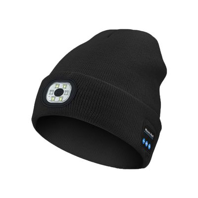 Bluetooth Beanie with a Light,Bluetooth 5.2 HD Stereo,14 Hours Play Time,Built-in Microphone, USB Rechargeable 4 LED Fashlight Hat with Men's/Women's Christmas Electronic Gift (Black)