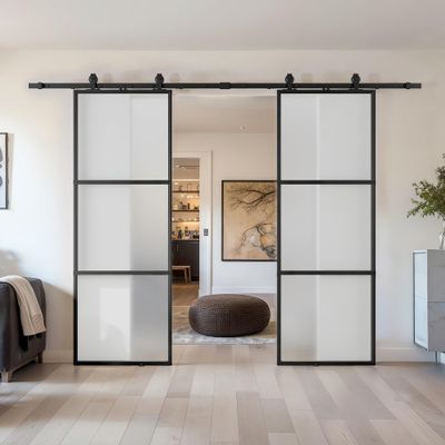 (2 Pack) 30  84 in. Metal and Frost Glass Sliding Barn Door with Installation Hardware Kit (Soft-Close Included)