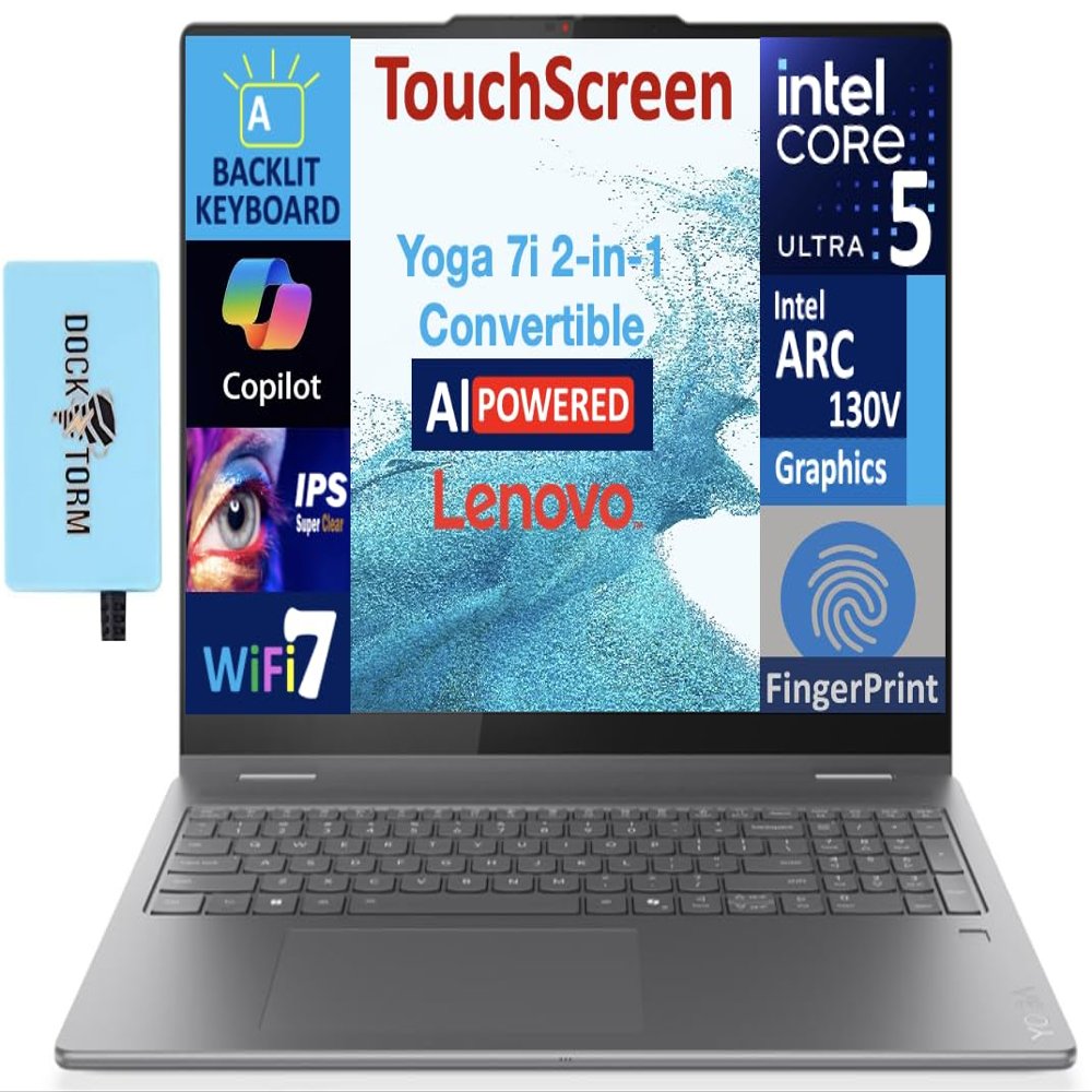Lenovo Yoga 7i 2-in-1 AI Copilot + Laptop 16.0" 2K Touchscreen Display (Intel Ultra 5 Series 2, 16GB LPDDR5X, 512GB M.2 PCIe SSD, Backlit KB, Fingerprint, 2 TB 4, Win 11 Pro) w/DKZ USB Port Expander