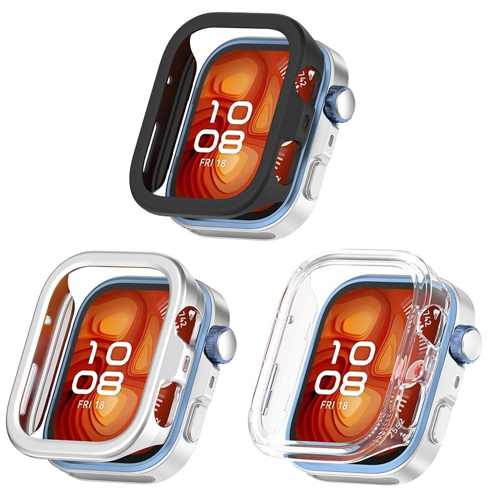 3 Pack Cases Compatible with Huawei Watch Fit 4 Pro, Hard Bumper Case Shockproof Protective Cover for Huawei Watch Fit 4 Pro, without Screen Protector (Black/Silver/Clear)