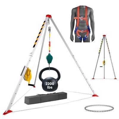 Confined Space Rescue Tripod Kit - 2200 LBS Capacity Winch with 98.43 Ft Cable, Adjustable Legs, Self-Locking, 8 Ft Chain, Harness & Fall Arrester - Durable Aluminum Alloy