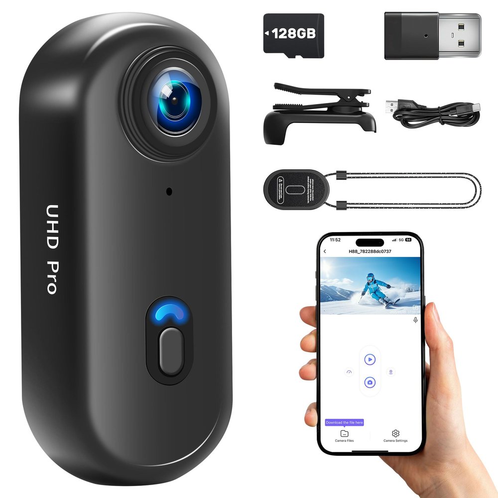 4K Body Camera, WiFi Action Camera with 128GB Card, Hands-Free POV Cameras, Mini Body Cam with Magnetic Clip, Wearable Small Body Camera, Portable Camcorder for Working, Vlogging, Fishing, Travel