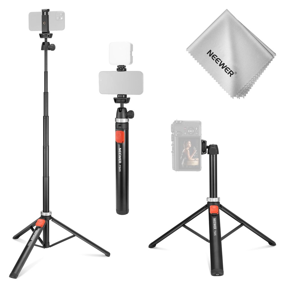 NEEWER Phone Tripod for Camera with Cell Phone Holder & Remote, 62.9" All Metal Selfie Stick Travel Vlog Video Recording Portable Stand Compatible with iPhone Canon Sony Nikon, Cleaning Cloth, TS05