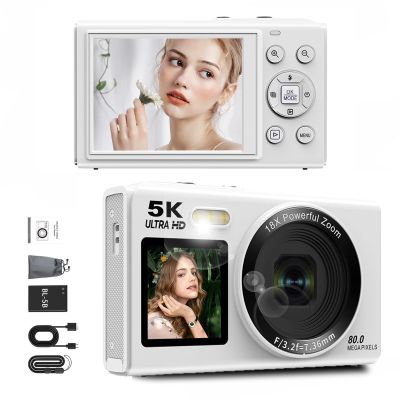 Zunate 5K Dual Screen Digital Camera, 80MP Vlog Photography Camera with 18X Digital Zoom Flash, Portable WiFi Autofocus Cameras for,Campus,Travel (White)
