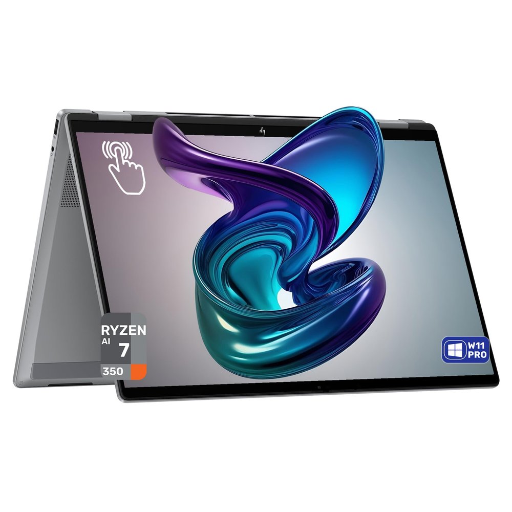 HP OmniBook X Flip 2-in-1 Copilot+ Laptop, AMD Ryzen AI 7-350, 24 GB LPDDR5x RAM, 1 TB PCIe SSD, 16" 2K (1920x1200) Touchscreen, AMD Radeon 860M, Backlit Keyboard, W11 Pro, Meteor Silver
