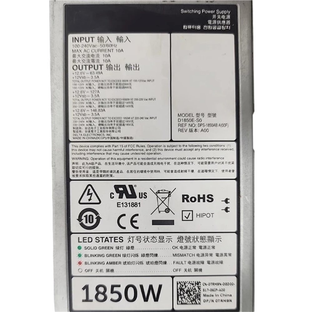 09R99K 0TRM9N for PowerEdge R840 R940 C4130 C4140 1850W Switching Power Supply D1850E-S0 9R99K TRM9N