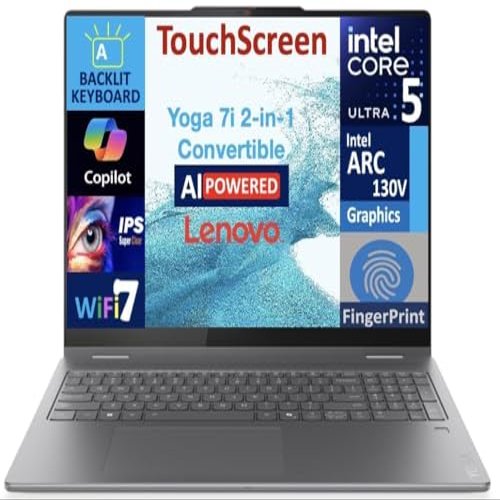 ME2 MichaelElectronics2 Lenovo Yoga 7i 2-in-1 AI Copilot + Laptop 16.0" 2K Touchscreen Display (Intel Ultra 5 Series 2, 16GB LPDDR5X, 512GB M.2 PCIe SSD, Backlit KB, Fingerprint, 2 TB 4, Win 11 Pro)