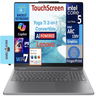 Lenovo Yoga AI Powered 2-in-1 Laptop 16.0" Touchscreen IPS WUXGA Display (Intel Ultra 5-226v, 16GB LPDDR5X, 512GB M.2 PCIe SSD, Win 11 Pro) w/MS 365 Personal, DKZ USB Port Expander