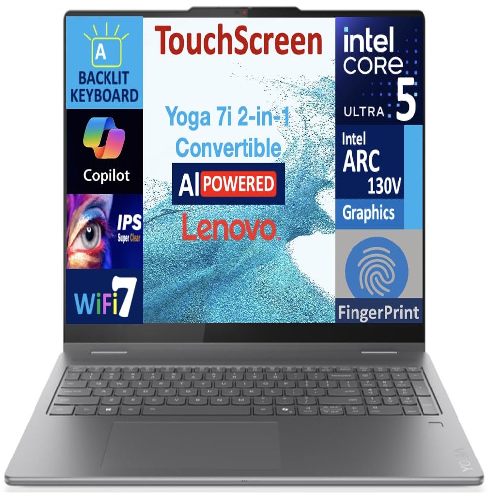 Lenovo Yoga AI Powered 2-in-1 Laptop 16.0" Touchscreen IPS WUXGA Display (Intel Ultra 5-226v, 16GB LPDDR5X, 1TB M.2 PCIe SSD, Backlit KB, Fingerprint, 2 Thunderbolt 4, WiFi 7, Webcam, Win 11 Home)
