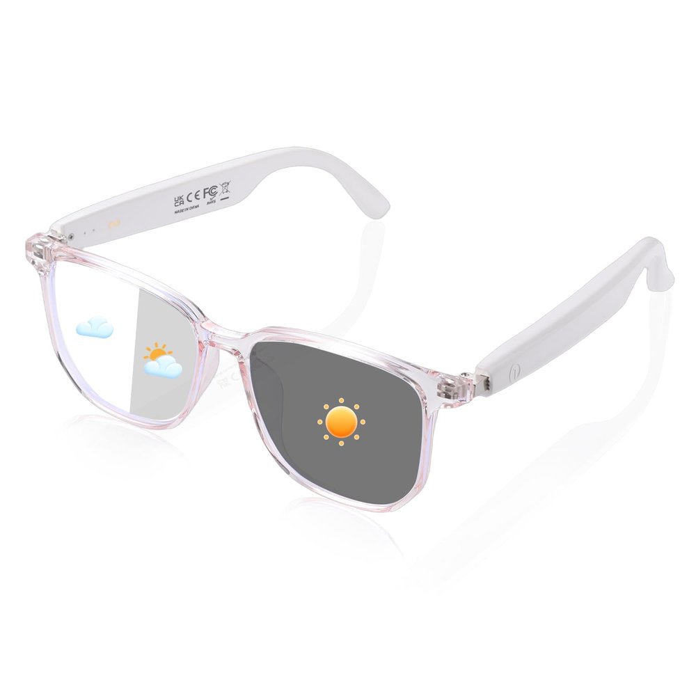 Smart Glasses for Women, Polarized Sunglasses with Color Changing Lenses, IP65 Waterproof, Touch Control, Hands Free Calling, Transparent Stylish Frame Bluetooth Glasses Compatible with Android & IOS