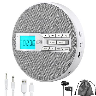 M-Amazup CD Player Portable, Rechargeable Portable CD Player with Dual Speakers and Anti Skip,CD,USB,AUX,LCD Display,Sensitive Button,5 EQ,A-B Repeat,10 Speeds for Home Car Fabric White