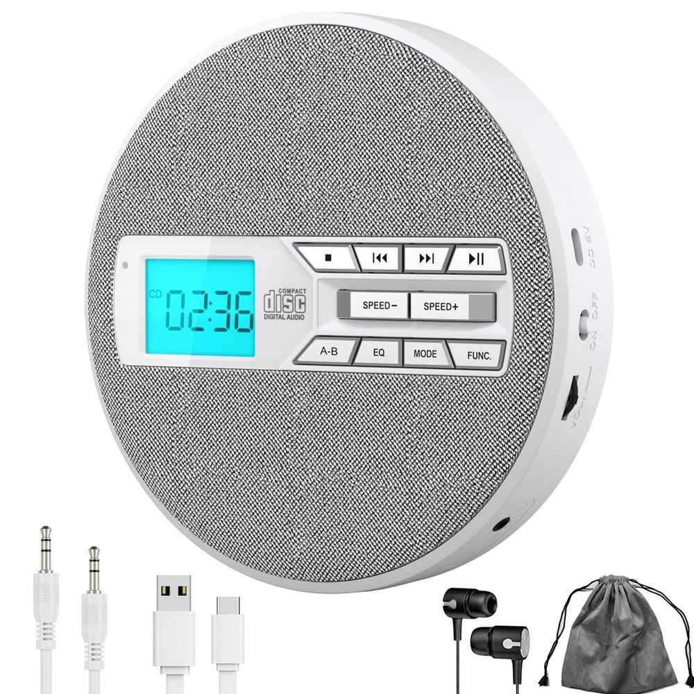 M-Amazup CD Player Portable, Rechargeable Portable CD Player with Dual Speakers and Anti Skip,CD,USB,AUX,LCD Display,Sensitive Button,5 EQ,A-B Repeat,10 Speeds for Home Car Fabric White