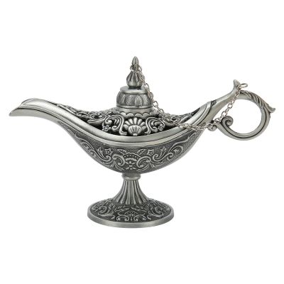 Dam Skerisi Antique Pewter Arabian Lamp Tabletop Retro Zinc Alloy Legend Wishing Light for Costume Party Decoration with Exquisite Relief and Wonderful Idea