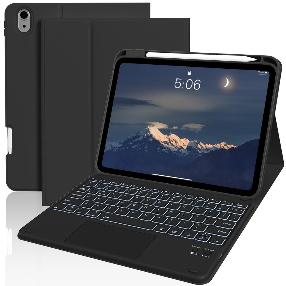 JKSML for iPad(A16) 11th/10th Generation Case with Keyboard (11/10.9 inch) 2025/2022, 7 Color Backlight Detachable Bluetooth Cover with Trackpad, Flip Stand Case Thin with Pencil Holder, Black