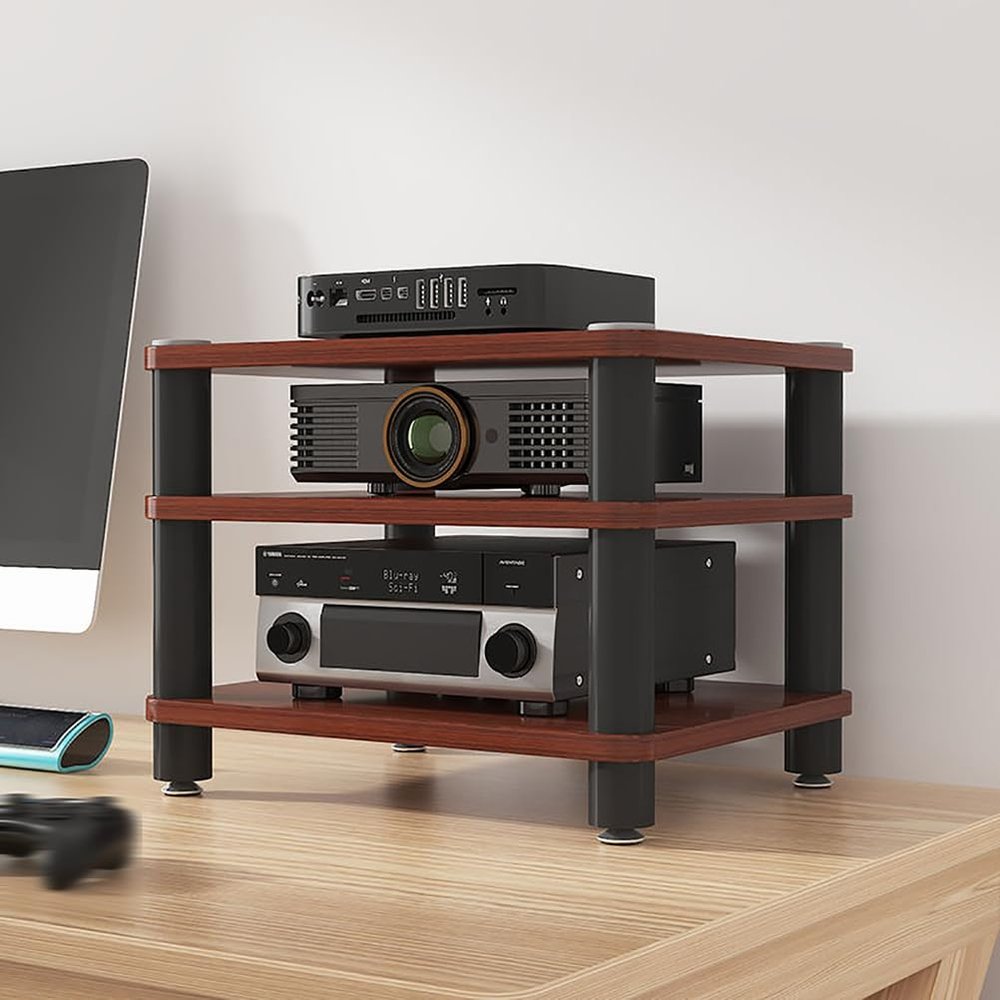 FZYUAN AV Media Stand Desktop Video Audio Rack with Wooden Shelf, Open Stereo Cabinet Corner Component Cabinet, Portable Media Storage Cabinet for Computer Desk,Walnut,3 Tier W 15.7