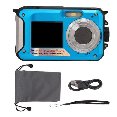 Vomeko 2.7K 48MP Underwater Camera 0FT Dual Screen Digital Camera with 16X Zoom Includes 32GB Card & Floating Strap for Snorkeling Travel (Blue)