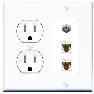 RiteAV - 2 Port Cat6 Ethernet 1 Coax Cable TV Wall Plate - Tamper Resistant Outlet [Round White]