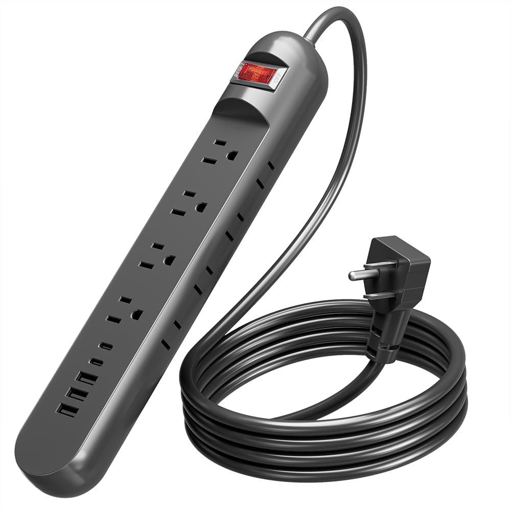 Tepongofa Power Strip 5FT/10 FT, 13-in-1 Red Switch Power Strip with 8 Outlets 3 USB Ports(2 USB C), Side Plug Design, One-Key Mains Switch,Wall Mount for Home Office, White/Black (Black, 5FT)