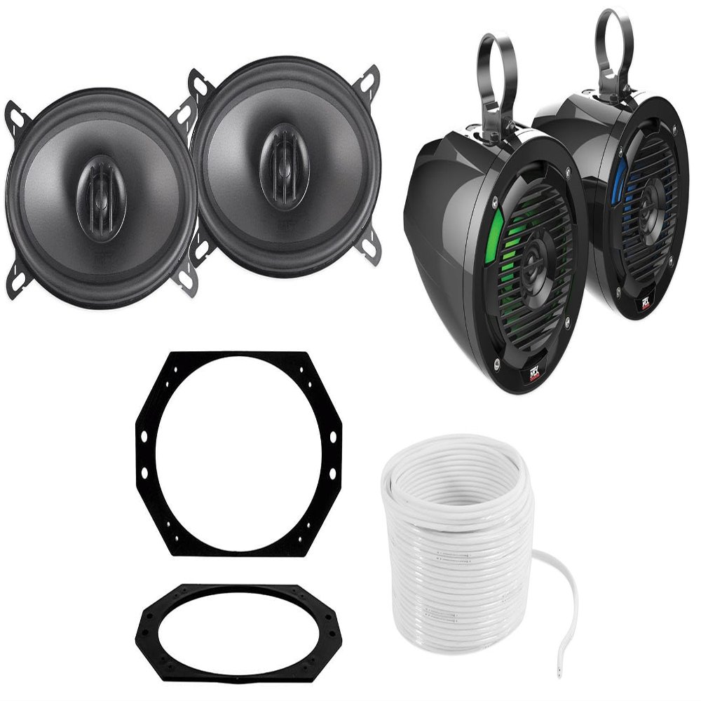 Audiosavings Bundle: Pair of MTX THUNDER46 4x6 160W Car Speakers Bundle with Pair of 6.5" LED Tower Speakers, Mounting Bracket Plate & Rockville 50Ft Wire for Jeep Wrangler TJ 2002-2006 (4 Items)