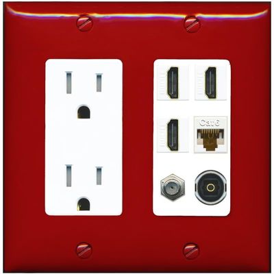 RiteAV 3 Port HDMI 1 Coax TV F-Type Cat6 Ethernet Toslink Optical Wall Plate - Tamper-Resistant Outlet [Red/White]