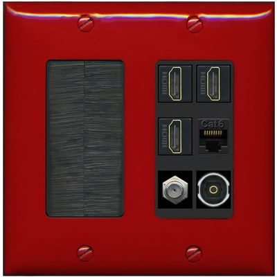 RiteAV 3 Port HDMI 1 Coax TV F-Type Cat6 Ethernet Toslink Optical Wall Plate - Brush [Red/Black]
