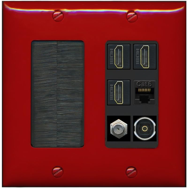 RiteAV 3 Port HDMI 1 Coax TV F-Type Cat6 Ethernet Toslink Optical Wall Plate - Brush [Red/Black]